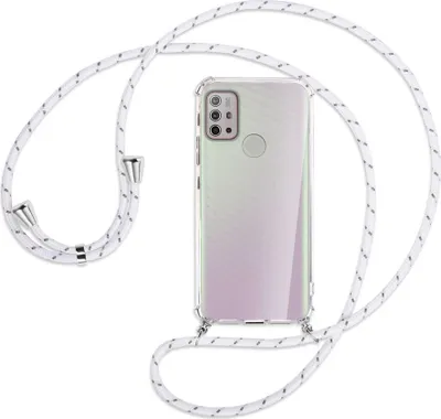 Produktbild von Handykette Backcover-Schutzhülle mit Band (Metall silberfarben) für Motorola Moto G10 (Power), G20, G30 - weiß/grau