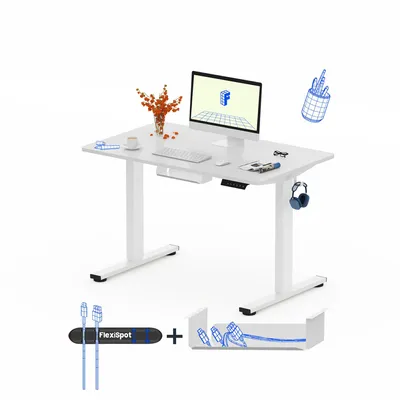 A white electric standing desk with a computer, keyboard, mouse, headphones, and a vase of flowers on top. Below the desk are illustrations of cable management accessories.