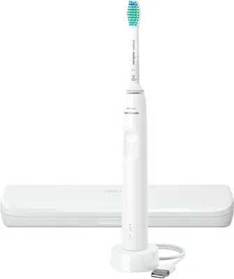 Zdjęcie produktu dla Szczoteczka do zębów PHILIPS seria 3100, z czujnikiem nacisku, kompaktowa konstrukcja, etui do przechowywania, kolor biały