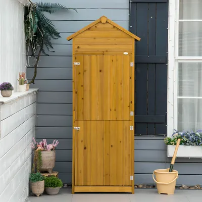 Produktbild von Geräteschrank Holz, Gartenschuppen Massivholz wetterfest, 2 Türen 2 Regalböden, Naturholz | 79 x 49 x 191,5 cm | 22,5 kg | Satteldach Bitumen