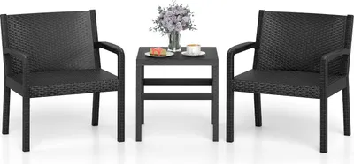 Produktbild von COSTWAY 3tlg. Polyrattan Gartenmöbel Set, Balkonmöbel PP wetterfest, Balkonset inkl. 2 Stühle mit Tisch, Terrassenmöbel Gartenset Sitzgruppe Schwarz