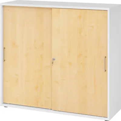 Produktbild von bümö Schiebetürenschrank office - 3 Ordnerhöhen - Griff: Bügelgriff (Metall), Nachbildung: Weiß/Ahorn