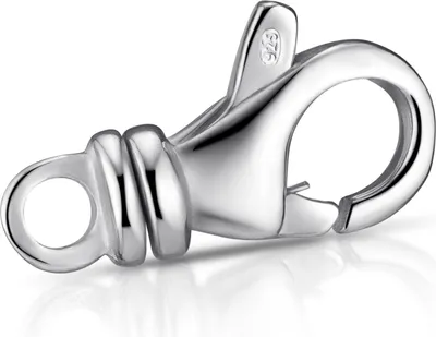 Karabinerverschluss aus rhodiniertem 925er Silber, 12 mm groß, glänzend verarbeitet, freigestellt auf weißem Hintergrund.