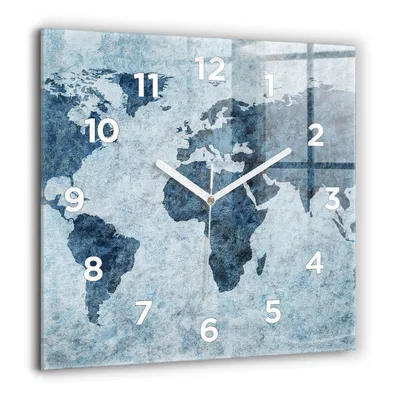 Produktbild von Wallfluent Große Wanduhr – Stilles Quarzuhrwerk - Uhr Dekoration Wohnzimmer Schlafzimmer Küche - Zifferblatt - weiße Zeiger - 60 cm - Gemalte Weltkarte