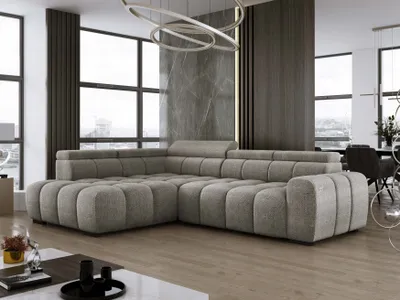 Image de DomoHome Canapé d'angle indépendant Ombo 297x137cm, Forme L, GRIS CLAIR avec fonction sommeil 125x193cm, Canapé avec dossier réglable, Tissu structuré Eden, Appuie-tête réglable