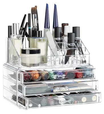 Produktbild von Kleiner Make-up-Organizer, 2-teiliges Make-up-Aufbewahrungsset mit Schubladen, stapelbarer Kosmetikständer, transparent