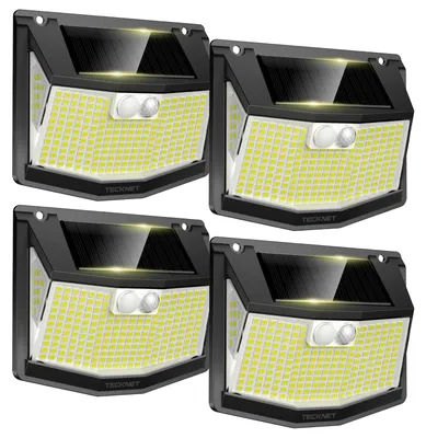 Productafbeelding van TECKNET Zonnepanelenlampen voor buiten met bewegingssensor [4 stuks], 248 LED zonnepanelenlampen, 3 modi, 300°, IP66 waterdichte zonnepanelenlamp voor buiten, wandlamp voor tuin, muur, oprit, garage – zwart, groot