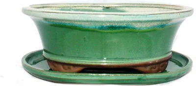 Immagine prodotto di Ciotola bonsai con piattino Gr. 4 - verde / beige - ovale - modello O4 - L 26cm - P 21cm - H 7.5cm