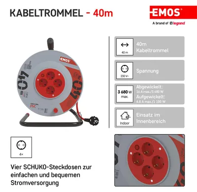 Productafbeelding van EMOS Profi-kabelhaspel, 40 meter kabel met 4 stopcontacten, 1,5 mm Schuko, speciaal kunststof, voor gebruik binnenshuis, P09240