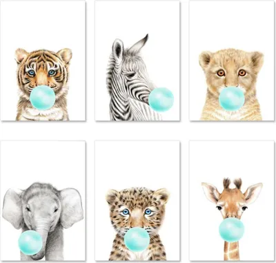 Produktbild von TPFLiving Kunstdruck LW-1319 (OHNE RAHMEN) Poster - Leinwand - Wandbild - Hochauflösender Giclée-Druck, langlebig und hochwertig - Tiere mit Luftballon, Tiger, Löwe, Gepard, Zebra, Giraffe, Elefant -  - Größe: 30x40cm
