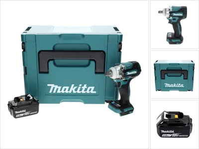 A collage of images showing a Makita impact wrench set with a storage case and battery.