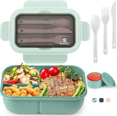 Image de Boîte à pain Séparateurs 1250ml Boîte à lunch Enfants Adultes Couverts Vert