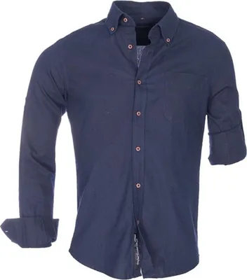 Zdjęcie produktu dla Zupełnie nowa designerska koszula lniana z podwiniętymi rękawami CARISMA, jednolita, SLIM FIT, granatowa, rozmiar L