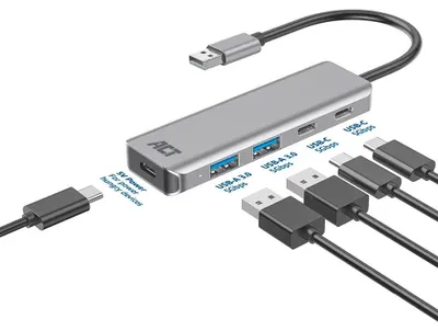 Zdjęcie produktu dla ACT AC6125, USB 3.2 Gen 1 (3.1 Gen 1) Type-A, USB 3.2 Gen 1 (3.1 Gen 1) Type-A, USB 3.2 Gen 1 (3.1 Gen 1) Type-C, 5000 Mbit/s, Szary, Aluminium, Kabel okrągły