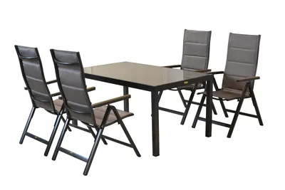 A set of outdoor furniture, including a table and four chairs, displayed against a white background.