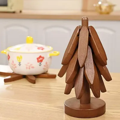 Produktbild von Untersetzer, Holzuntersetzer Baum, klappbare Trivets, Tree Coaster, 5pcs Holz Isoliermatte, Weihnachtsbaum-Design, rutschfeste, Walnussholzfarbe