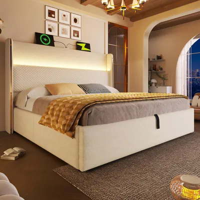 A bedroom scene featuring a bed with LED lighting and charging ports.