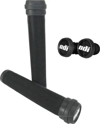 A product shot of black bicycle grips and handlebar end caps.