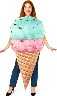 A woman wearing an ice cream cone costume.