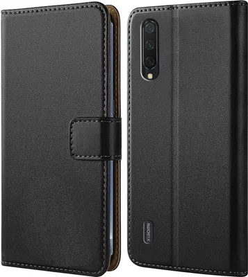 A black flip case for a smartphone is shown from two angles.