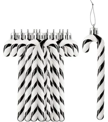 Immagine prodotto di Decorazioni natalizie per albero di Natale, forma di bastoncini di zucchero, 12 pezzi, bianco e nero, 13 cm