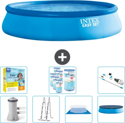 Produktbild von Intex runder aufblasbarer Easy Set-Schwimmpool – 457 x 107 cm – Blau – inklusive Pumpe – Leiter – Bodenplane – Abdeckung Wartungspaket - Filter - Staubsauger