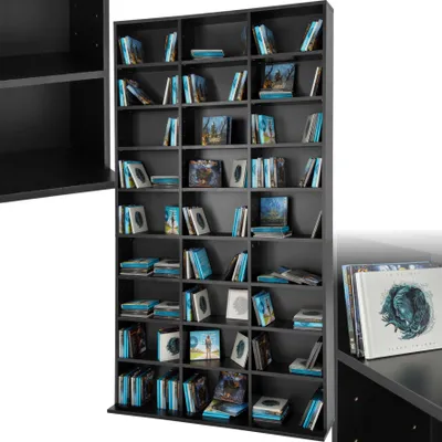 A tall, black CD/DVD storage unit filled with various media cases.