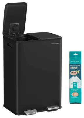 Image de Poubelle à pédale pour cuisine, 2 x 30 litres - Tri sélectif avec 2 compartiments - Acier - Noir