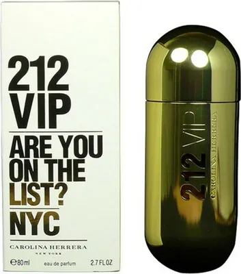 A product shot of Carolina Herrera 212 VIP perfume bottle and its packaging.