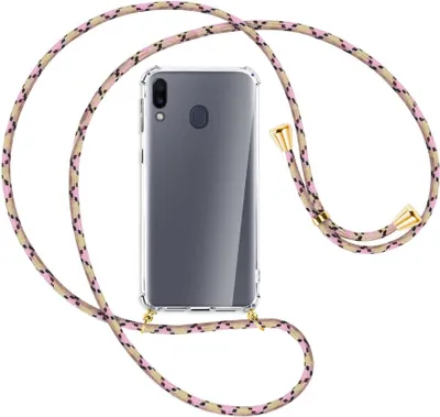 Produktbild von Handykette Backcover-Schutzhülle mit Band (Metall goldfarben) für Samsung Galaxy M20 - rosa Karo
