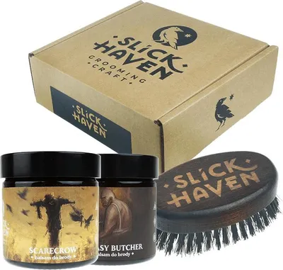 Produktbild von Slickhaven – The Ratcatcher Tavern – Greasy Butcher Balms 60ml, Scarecrow 60ml und Bartbürstenset