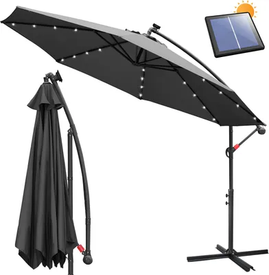 Obrázek produktu pro Clanmacy slunečník s LED osvětlením Ø300cm Slunečník s otočným ramenem 360° otočný zahradní slunečník Pavilon Šedý