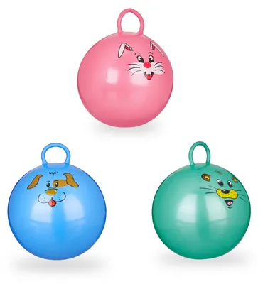 Produktbild von 3x Hüpfball Kinder im Set, mit Griff, für drinnen & draußen, mit Tier-Motiv, Weich, 45 cm Durchmesser, Blau, Grün, Pink