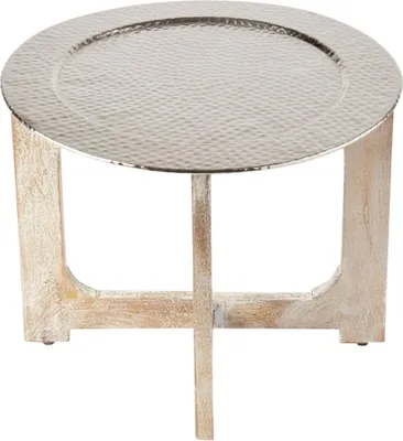 Produktbild von Wohnzimmertisch Couchtisch rund modern aus Metall und Holz ø 60cm | Marokkanischer runder Vintage Tisch Klapptisch klappbar | Moderner Design Runder Sofatisch mit Tablett in Silber Hochglanz