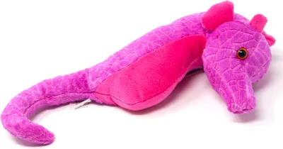 A plush toy seahorse is lying on a white background.