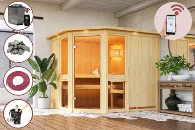 Produktbild von Karibu Sauna Innensauna Heimsauna MARLA 4 Sparset 246x211 cm inkl. 9kw Ofen mit HUUM Wifi (App fähig) Steuerung