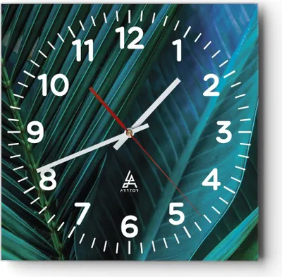 Produktbild von Wanduhr - Quadrat - Glasuhr - Blatt Tropen Grün - 40x40cm - Schleichendes Uhrwerk - Lautlos - zum Aufhängen bereit - Dekoration Modern - Wanddekoration aus Glas - C4AC40x40-5071