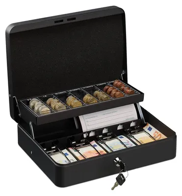 Productafbeelding van Geldkistje geldkist slot - Met slot en 2 sleutels - Metaal - Zwart 8,5 x 30,5 x 24,5 cm - Voor thuis en op de vlooienmarkt