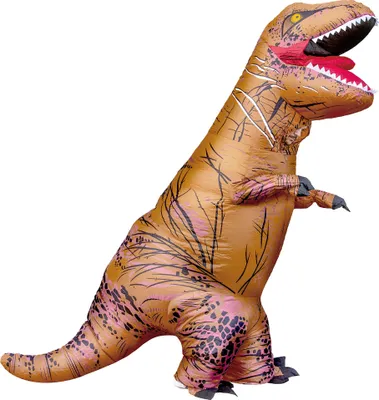 An inflatable T-Rex costume shown against a white background.