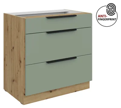 Produktbild von Küchen Unterschrank 80 cm Küche ARIA Aquamarin ultra matt + Eiche Artisan matt, hochwertige Fronten mit Anti Fingerprint Beschichtung, Soft-Close Küchenzeile Küchenblock