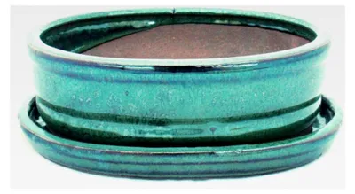 Produktbild von Bonsai-Schale mit Unterteller Größe 2 - Grün - oval - 15,5 cm x 12 cm x 4,5 cm