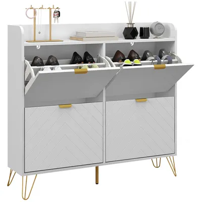 Produktbild von HOMCOM Schuhschrank mit 4 Klappen, Schuhschrank, mit verstellbarem Regal, Schuhaufbewahrung, großes Fassungsvermögen für Flur, Eingang, 106 x 24 x 102 cm, weiß