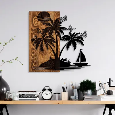 Image de Wallity, Holiday İsland, Accessoire mural décoratif en bois, 100 % BOIS / MÉTAL, noyer, 57 x 58 cm