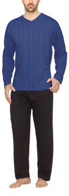 Produktbild von Moonline - Herren Schlafanzug lang aus 100% Baumwolle mit V-Ausschnitt und Streifen-Design ; blau , 4XL