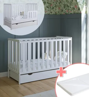 Produktbild von ZEE BAMBI Weiß Babybett 120x60 cm 2in1 mit Matratze, Schublade & Schutzbarriere Klassisches Gitterbett 3-Fach Höhenverstellbar Kinderbett
