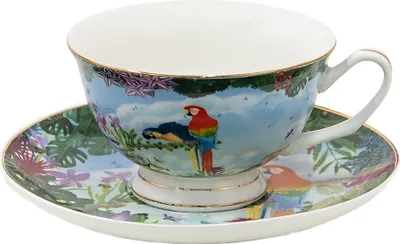 Produktbild von Clayre & Eef Tasse mit Untertasse 200 ml Grün Porzellan Papagei