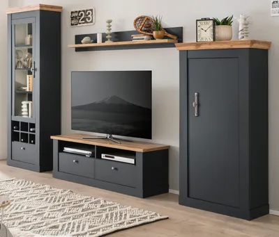 Produktbild von Wohnwand "Ribera" in grau und Wotan Eiche Landhaus Wohnzimmer Set, Soft-Close