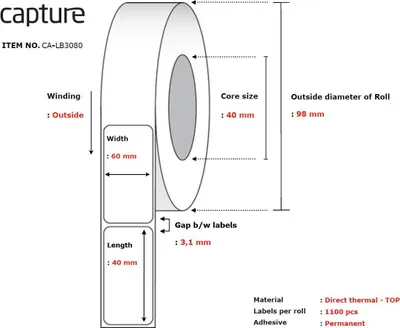 Produktbild von Capture CA-LB3080, Weiß, Rolle, Thermodirekt, Permanent, -10 - 40 °C, 9,8 cm