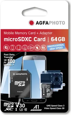 Obrázok produktu pre AgfaPhoto 10616, 64 GB, MicroSDHC, Trieda 10, UHS-I, 100 MB/s, 70 MB/s