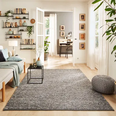 Produktbild von Steffensmeier Handwebteppich Rotach | Wolle (Schurwolle) gewalkt, Anthrazit, handgewebt, Größe: 60x110 cm Wohnzimmer und Schlafzimmer